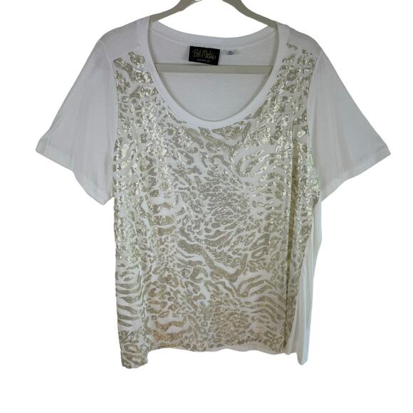 Bob Mackie White Short Sleeve Scoop Neck Lightweight T-Shirt Gold Sequin Size XL - Picture 1 of 8